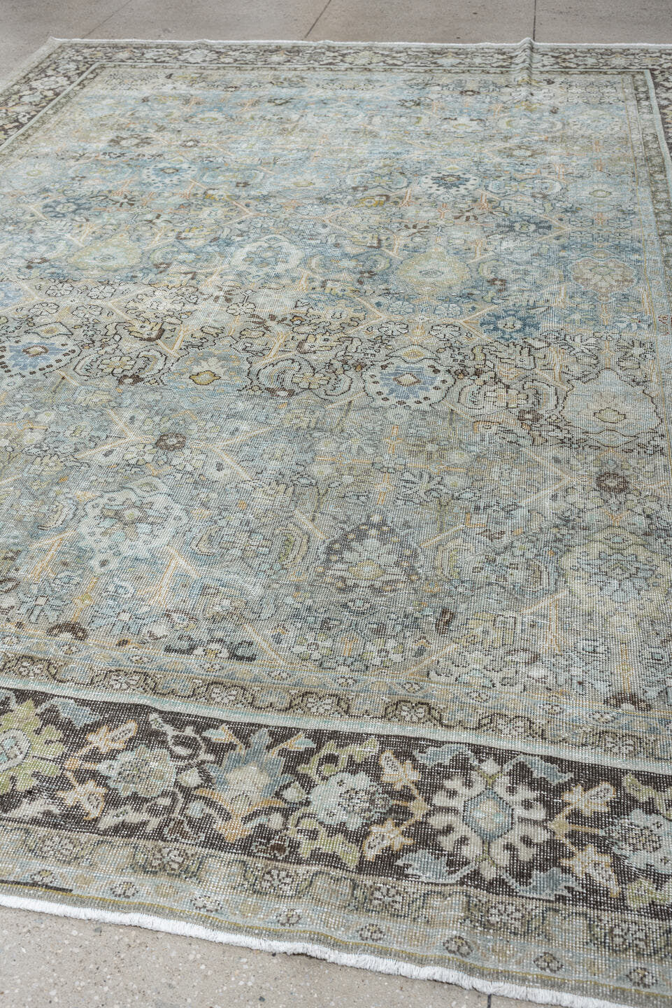8' x 11' one-of-a-kind handmade antique Mahal large size rug. Color palette: blue gray, ivory, charcoal, taupe, sage