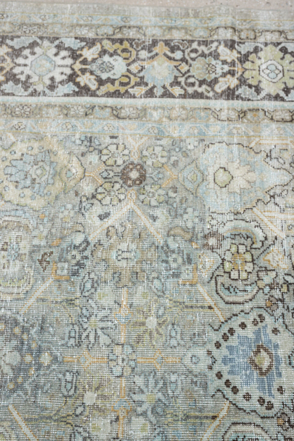 8' x 11' one-of-a-kind handmade antique Mahal large size rug. Color palette: blue gray, ivory, charcoal, taupe, sage