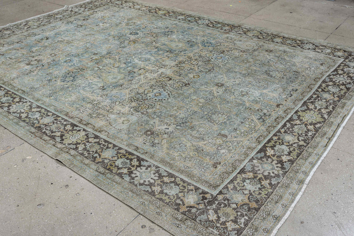 8' x 11' one-of-a-kind handmade antique Mahal large size rug. Color palette: blue gray, ivory, charcoal, taupe, sage
