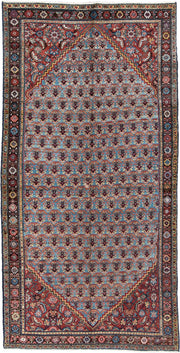 5' x 10' one-of-a-kind handmade antique Malayer rug. Color palette: turquoise, madder red, navy, ivory, saffron, charcoal