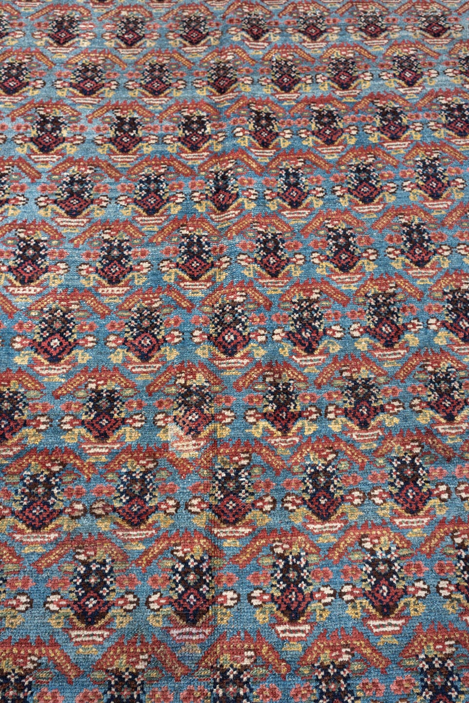 5' x 10' one-of-a-kind handmade antique Malayer rug. Color palette: turquoise, madder red, navy, ivory, saffron, charcoal