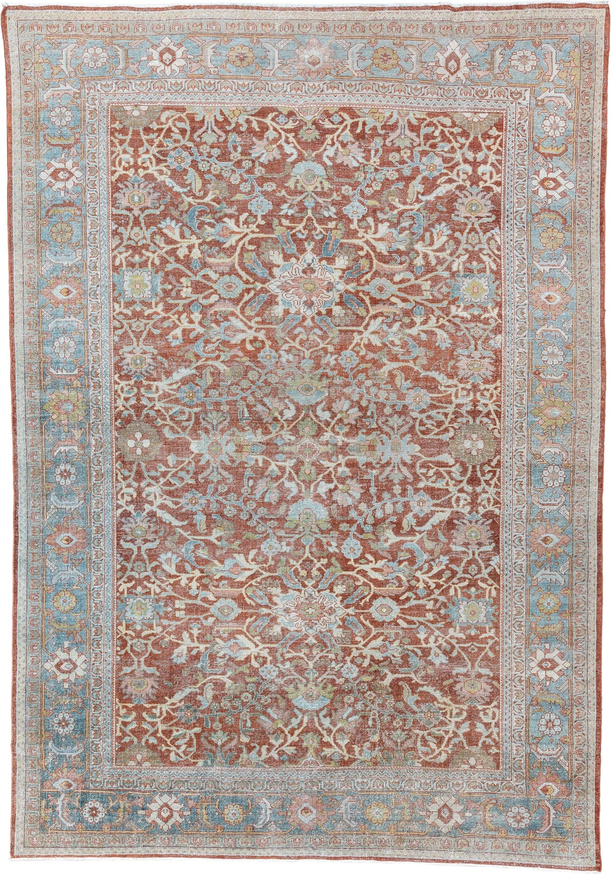 9' x 13' one-of-a-kind handmade antique Mahal large size rug. Color palette: terracotta, pale blue, ivory, sage, rust