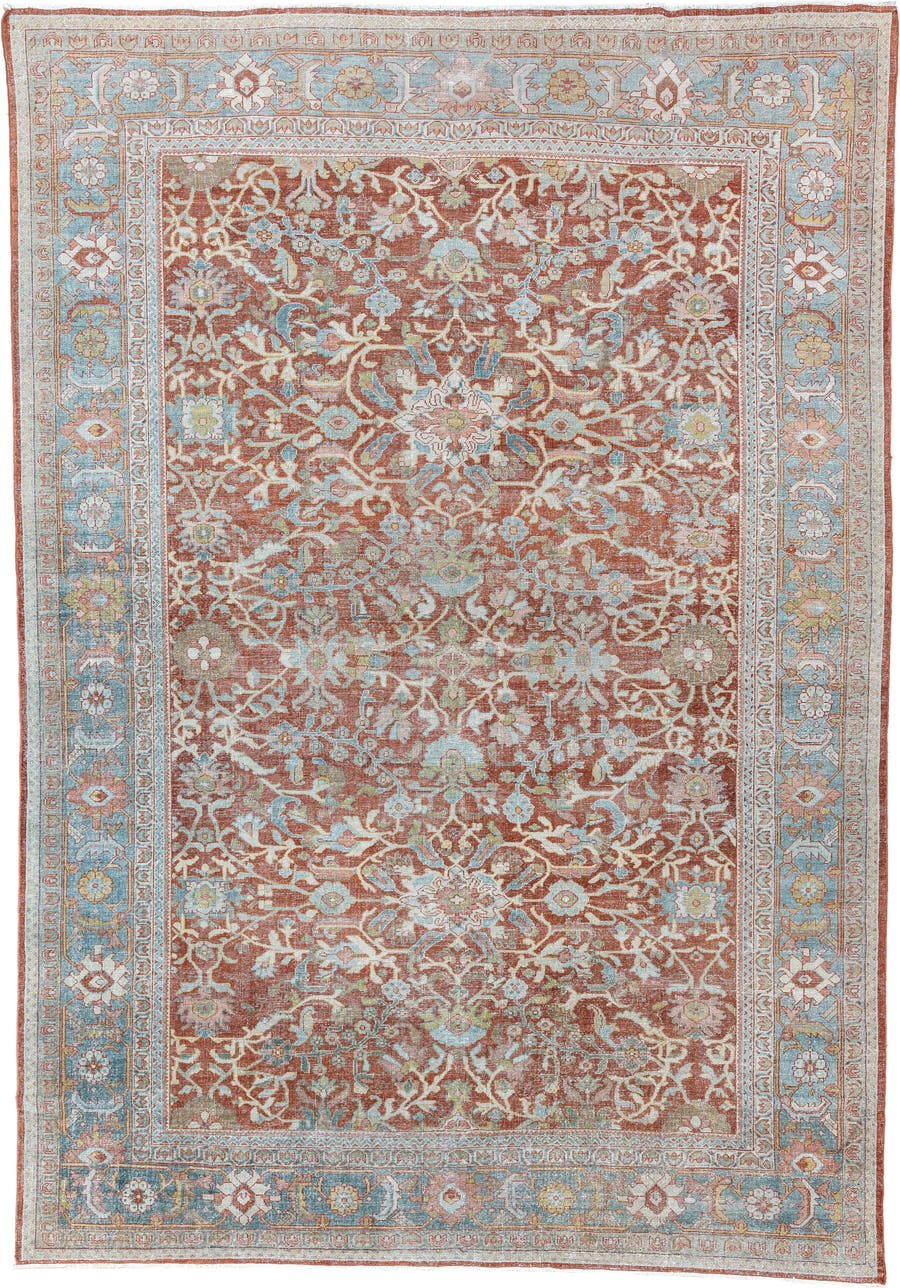 9' x 13' one-of-a-kind handmade antique Mahal large size rug. Color palette: terracotta, pale blue, ivory, sage, rust