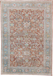9' x 13' one-of-a-kind handmade antique Mahal large size rug. Color palette: terracotta, pale blue, ivory, sage, rust