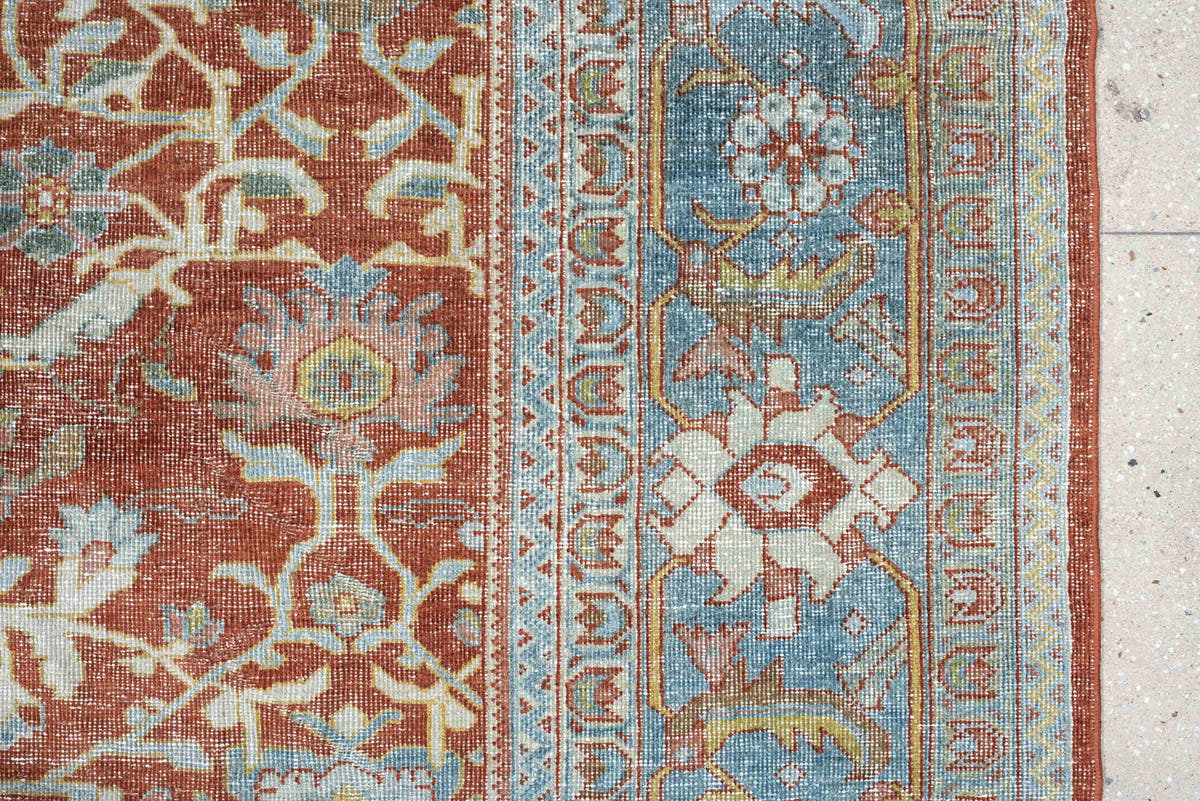 9' x 13' one-of-a-kind handmade antique Mahal large size rug. Color palette: terracotta, pale blue, ivory, sage, rust