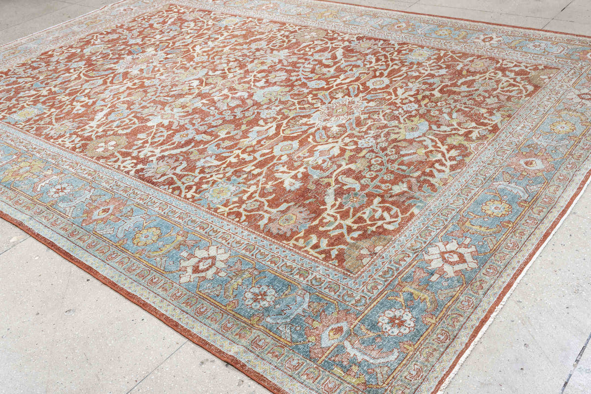9' x 13' one-of-a-kind handmade antique Mahal large size rug. Color palette: terracotta, pale blue, ivory, sage, rust