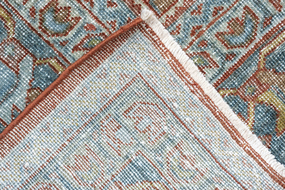 9' x 13' one-of-a-kind handmade antique Mahal large size rug. Color palette: terracotta, pale blue, ivory, sage, rust
