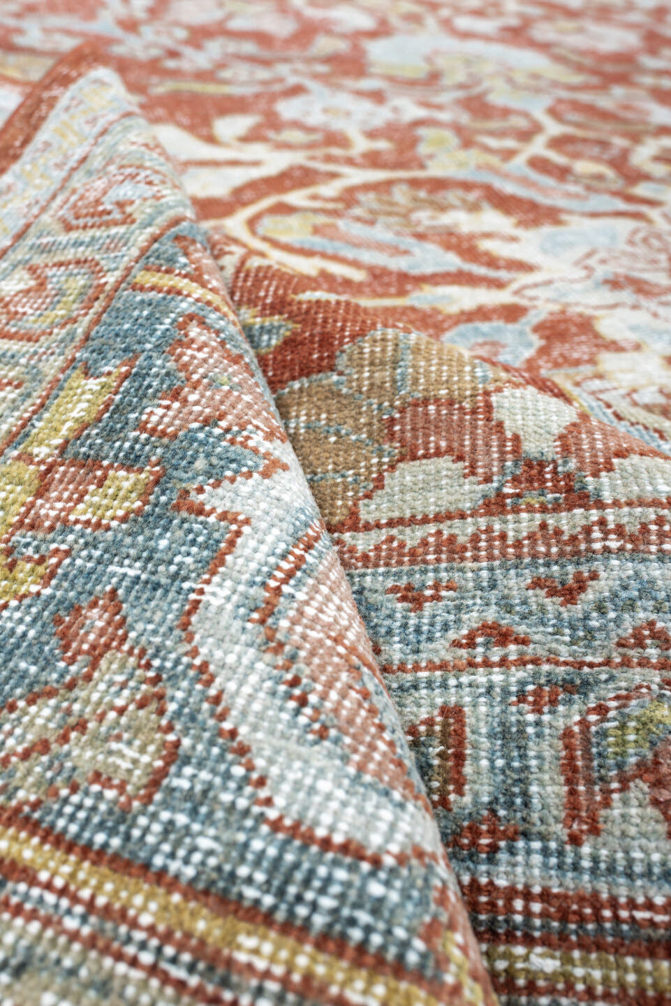 9' x 13' one-of-a-kind handmade antique Mahal large size rug. Color palette: terracotta, pale blue, ivory, sage, rust