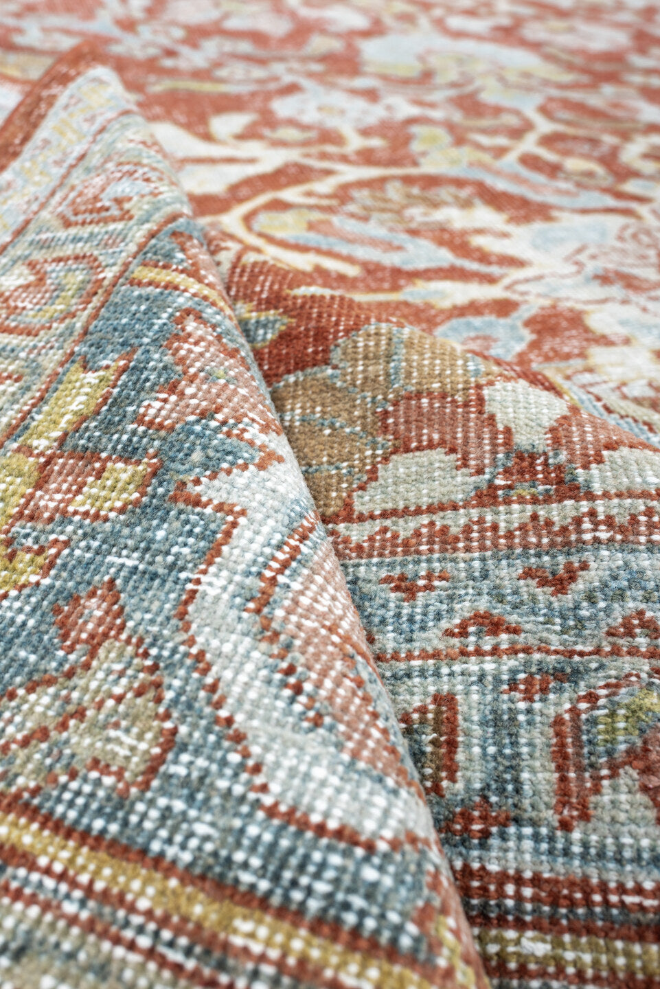 9' x 13' one-of-a-kind handmade antique Mahal large size rug. Color palette: terracotta, pale blue, ivory, sage, rust