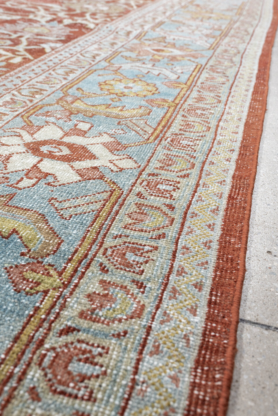 9' x 13' one-of-a-kind handmade antique Mahal large size rug. Color palette: terracotta, pale blue, ivory, sage, rust
