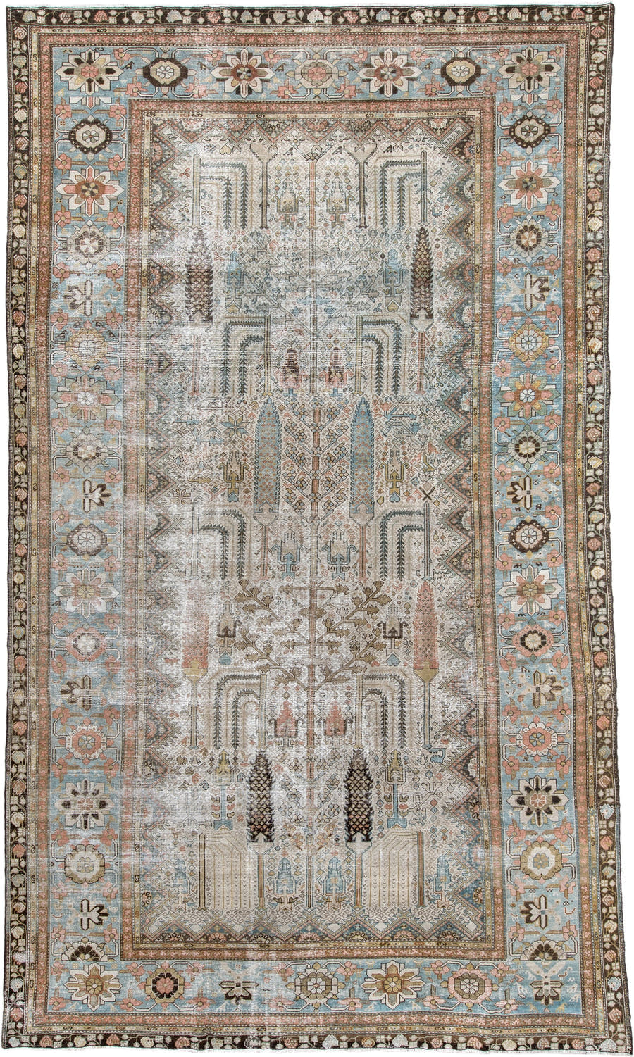 8' x 13' one-of-a-kind handmade antique Malayer large size rug. Color palette: ivory, powder blue, blush, charcoal, camel
