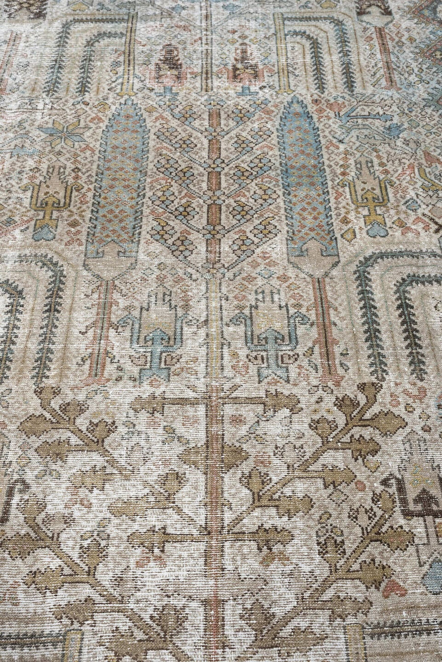 8' x 13' one-of-a-kind handmade antique Malayer large size rug. Color palette: ivory, powder blue, blush, charcoal, camel
