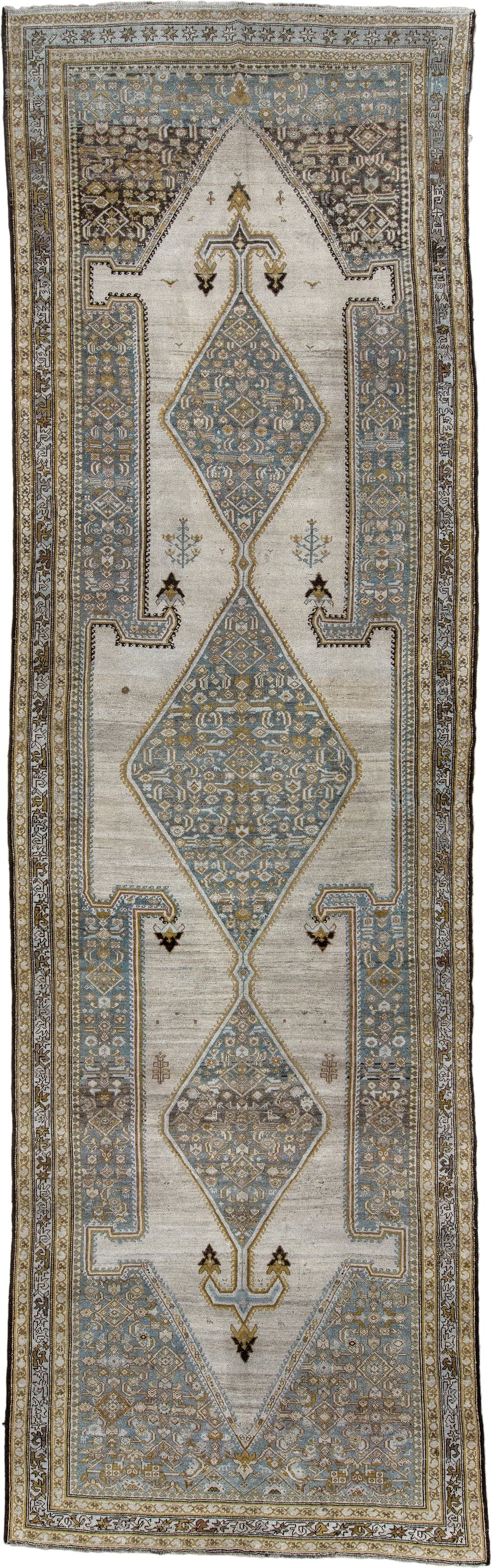 5' x 17' one-of-a-kind handmade antique Malayer rug. Color palette: ivory, blue gray, taupe, ochre, camel, charcoal, brown