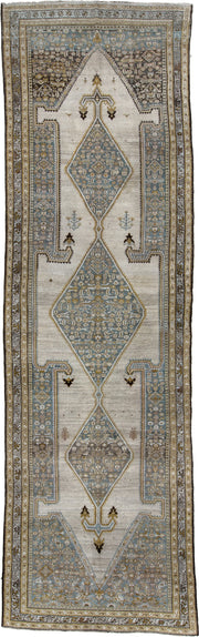 5' x 17' one-of-a-kind handmade antique Malayer rug. Color palette: ivory, blue gray, taupe, ochre, camel, charcoal, brown