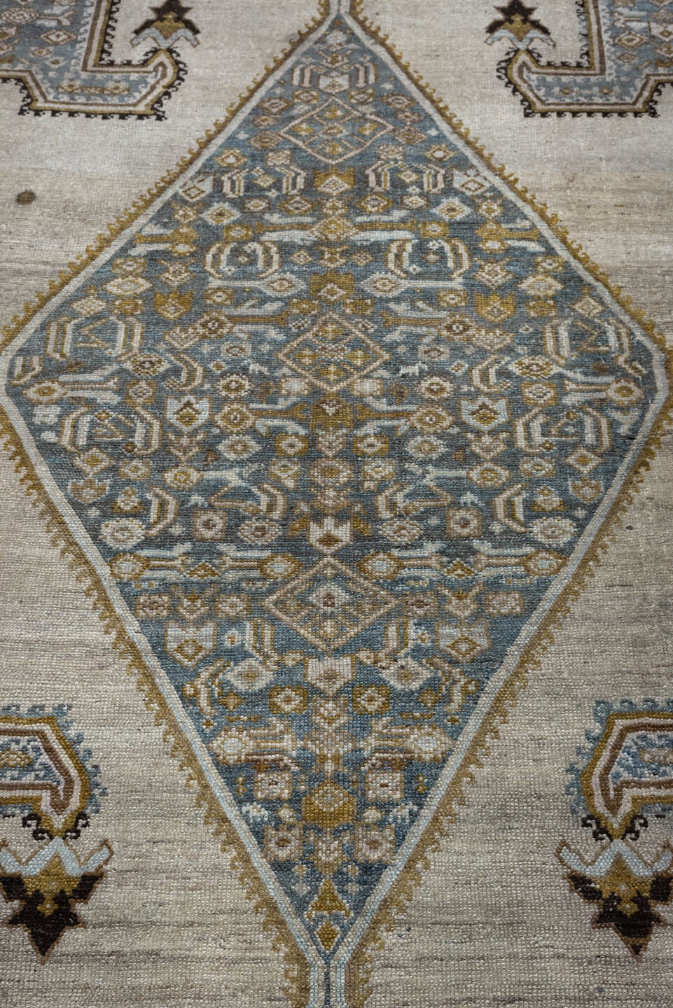 5' x 17' one-of-a-kind handmade antique Malayer rug. Color palette: ivory, blue gray, taupe, ochre, camel, charcoal, brown