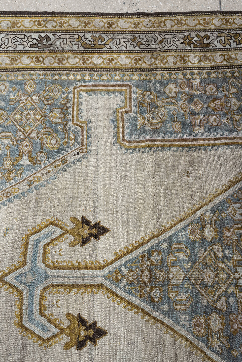 5' x 17' one-of-a-kind handmade antique Malayer rug. Color palette: ivory, blue gray, taupe, ochre, camel, charcoal, brown