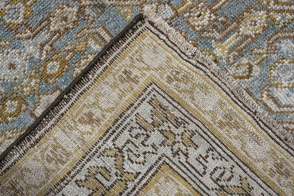 5' x 17' one-of-a-kind handmade antique Malayer rug. Color palette: ivory, blue gray, taupe, ochre, camel, charcoal, brown