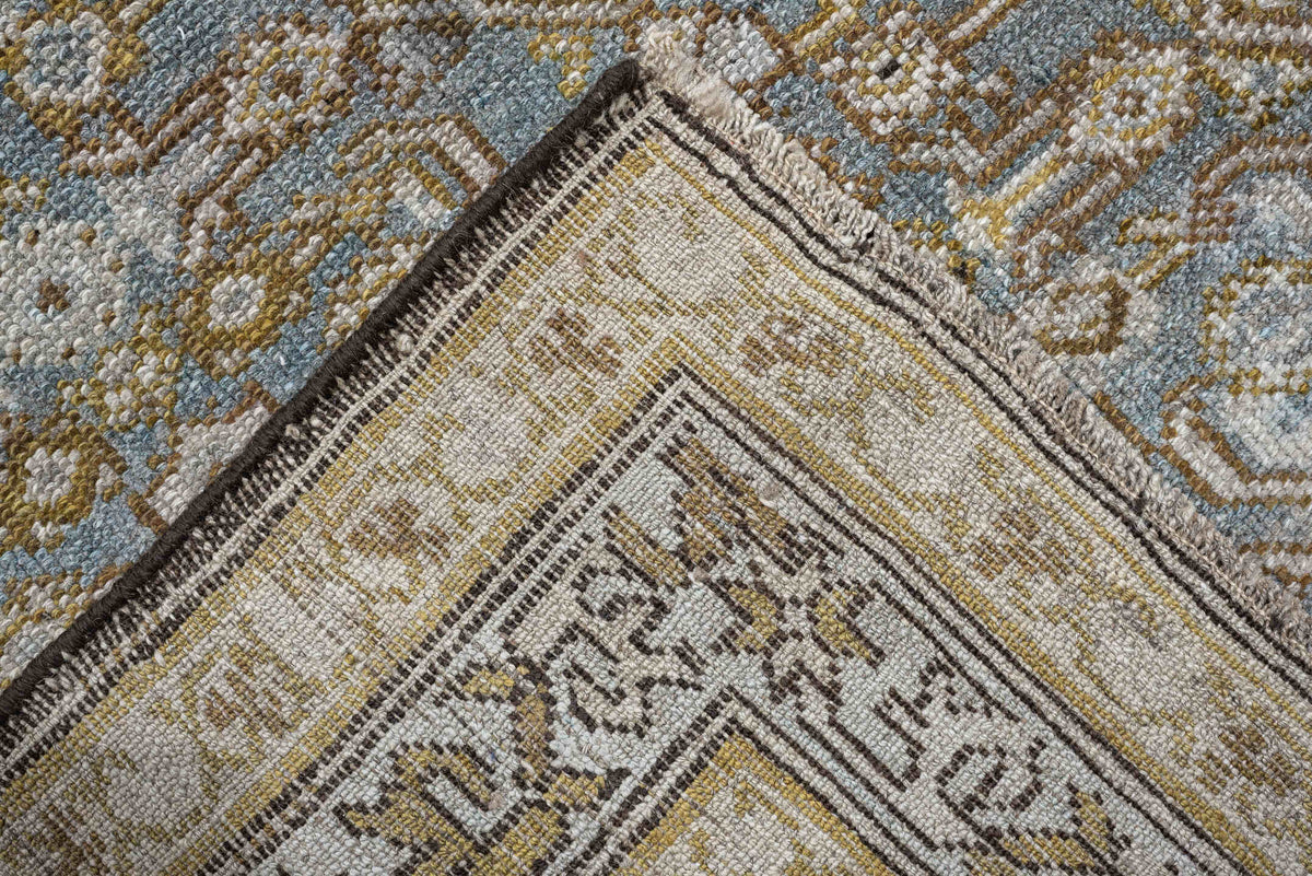 5' x 17' one-of-a-kind handmade antique Malayer rug. Color palette: ivory, blue gray, taupe, ochre, camel, charcoal, brown