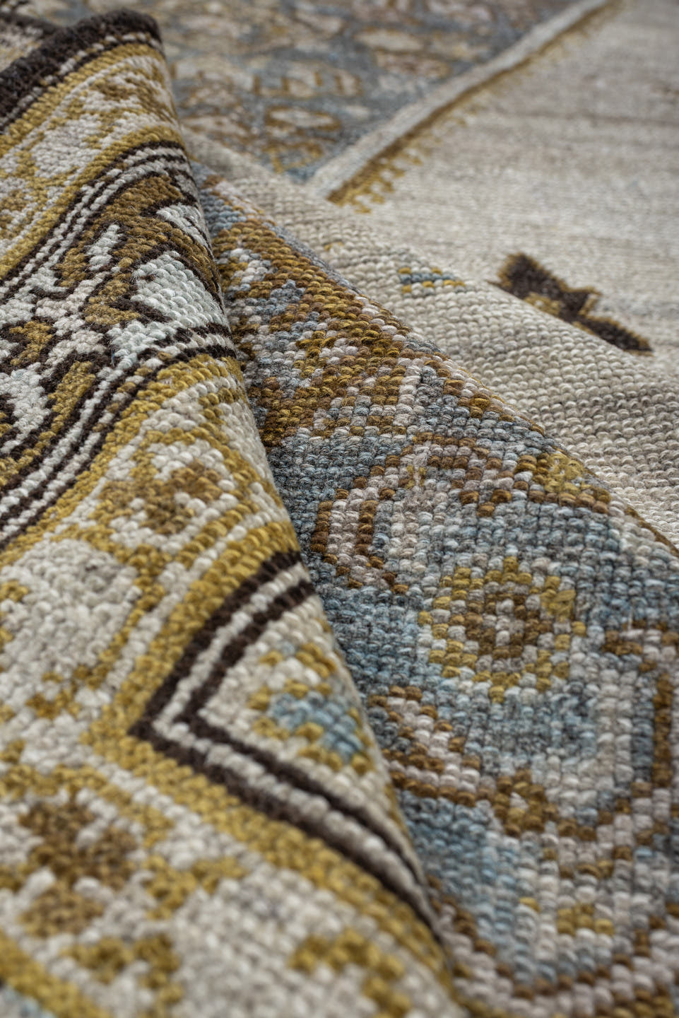 5' x 17' one-of-a-kind handmade antique Malayer rug. Color palette: ivory, blue gray, taupe, ochre, camel, charcoal, brown