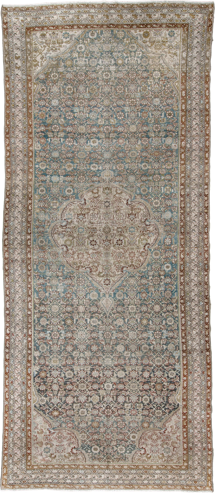 7' x 16' one-of-a-kind handmade antique Malayer rug. Color palette: blue gray, ivory, taupe, rust, sage, charcoal, teal