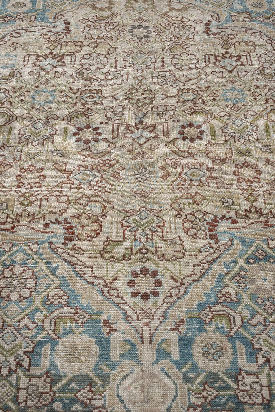 7' x 16' one-of-a-kind handmade antique Malayer rug. Color palette: blue gray, ivory, taupe, rust, sage, charcoal, teal
