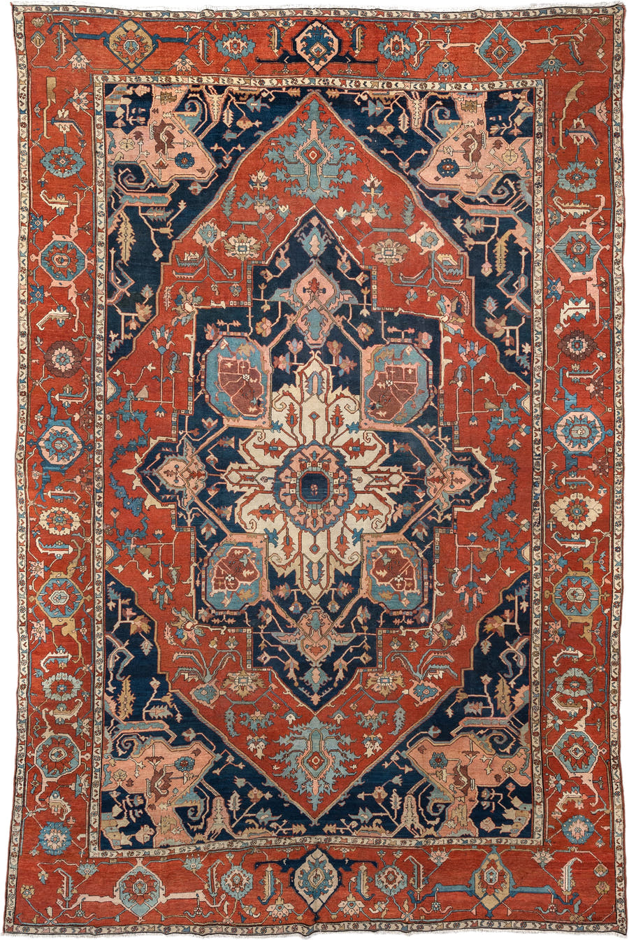 11' x 16' one-of-a-kind handmade antique Serapi oversize rug. Color palette: terracotta, navy, ivory, sky blue, camel, rose