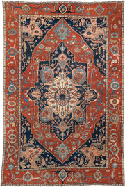 11' x 16' one-of-a-kind handmade antique Serapi oversize rug. Color palette: terracotta, navy, ivory, sky blue, camel, rose
