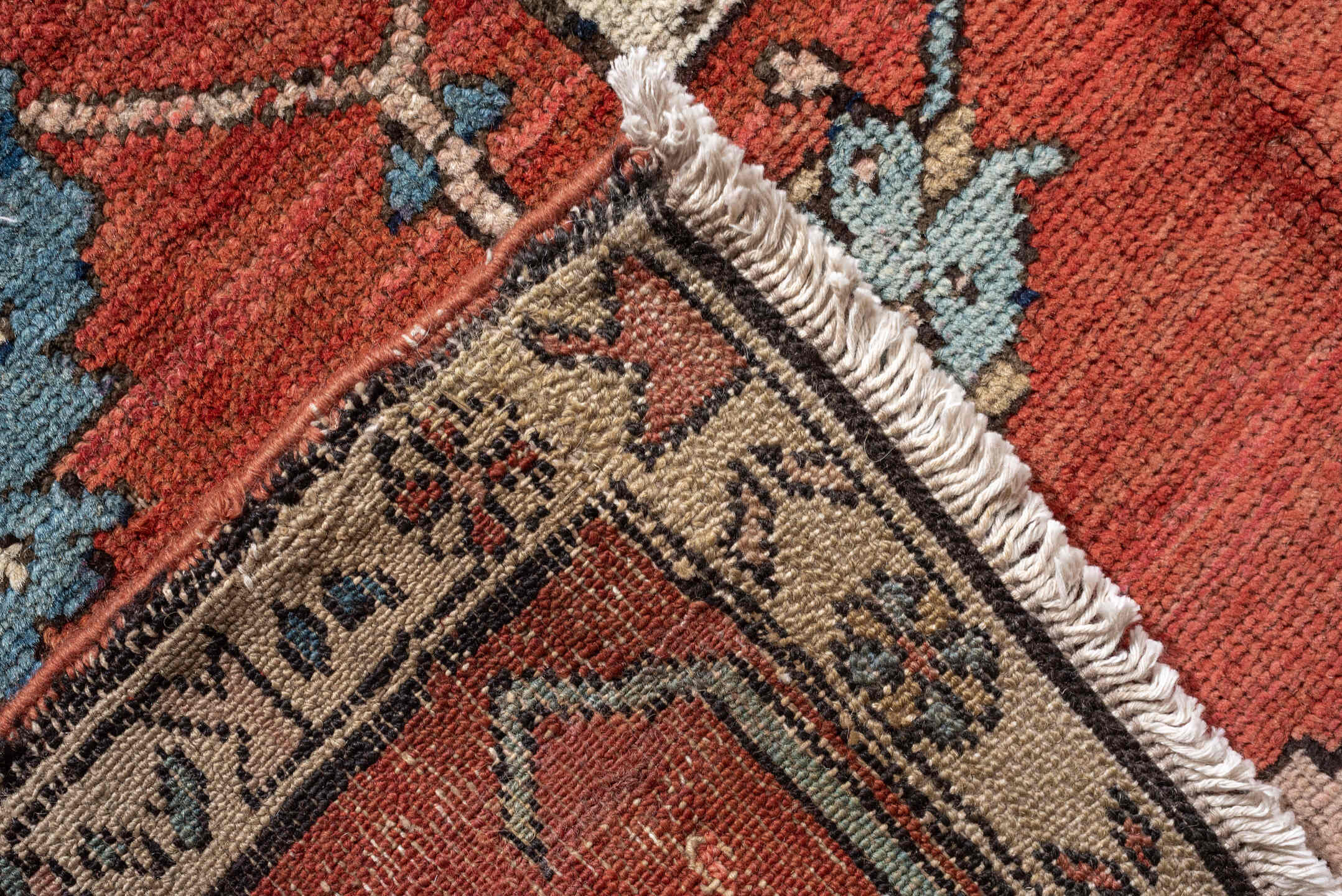 11' x 16' one-of-a-kind handmade antique Serapi oversize rug. Color palette: terracotta, navy, ivory, sky blue, camel, rose