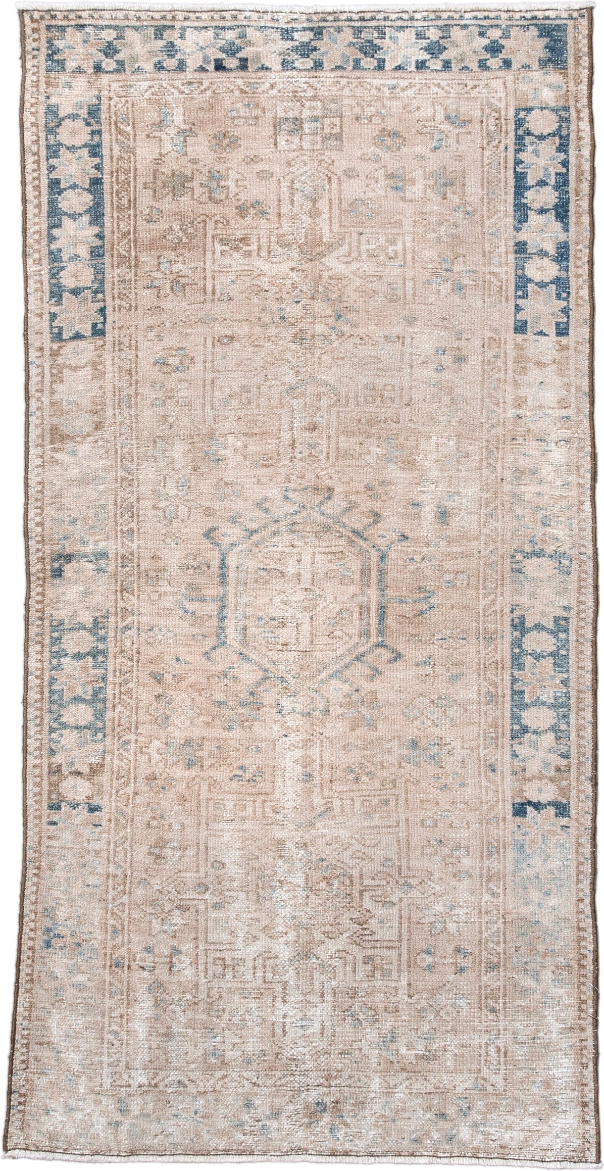 3' x 6' one-of-a-kind handmade vintage Karaje runner rug. Color palette: ivory, beige, taupe, slate, light blue, gray