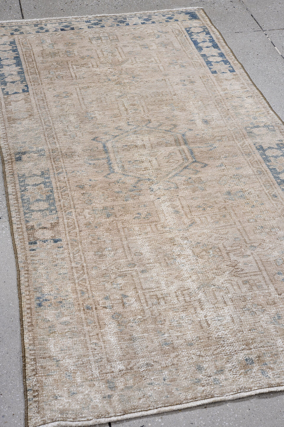 3' x 6' one-of-a-kind handmade vintage Karaje runner rug. Color palette: ivory, beige, taupe, slate, light blue, gray