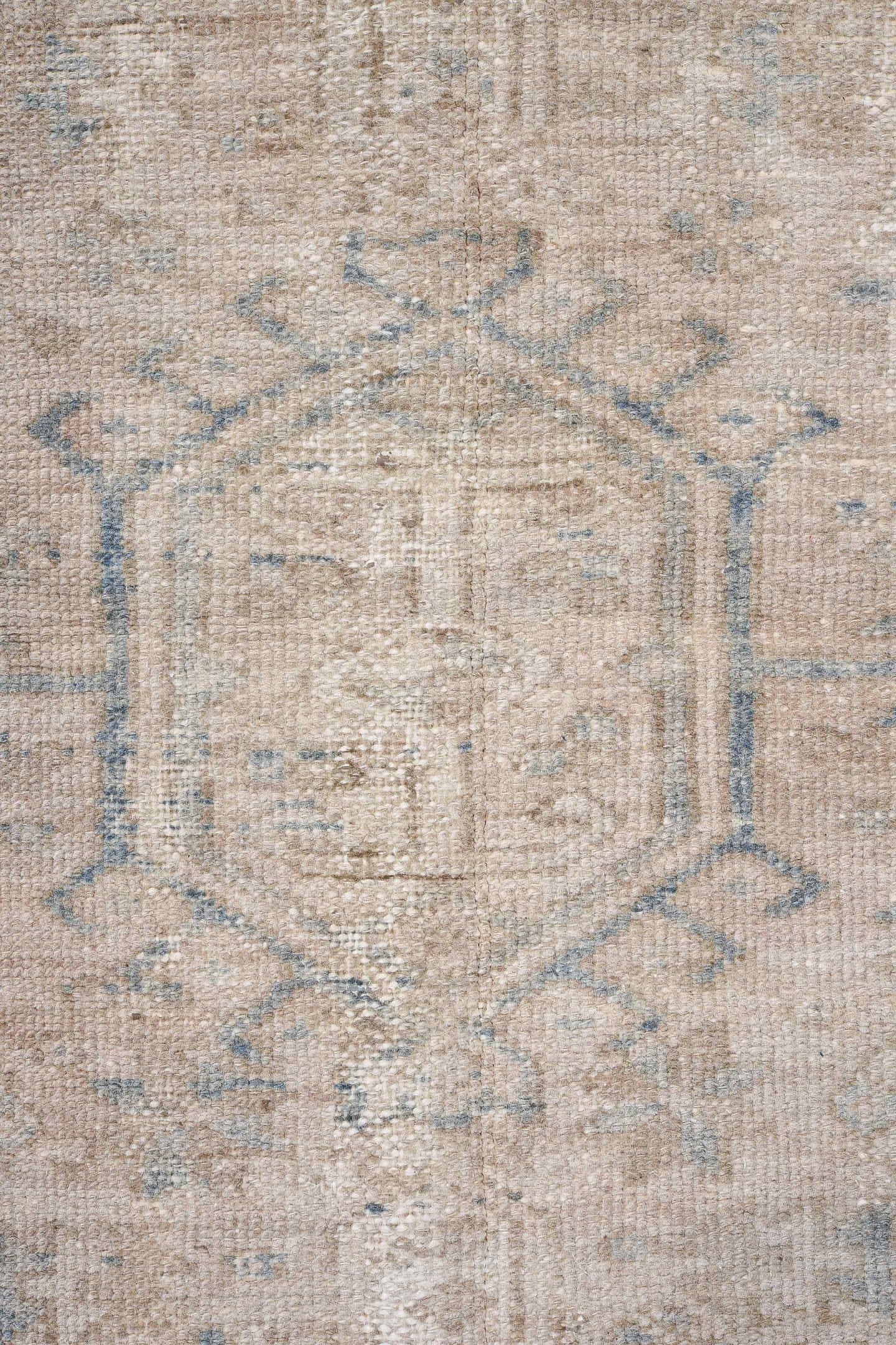 3' x 6' one-of-a-kind handmade vintage Karaje runner rug. Color palette: ivory, beige, taupe, slate, light blue, gray