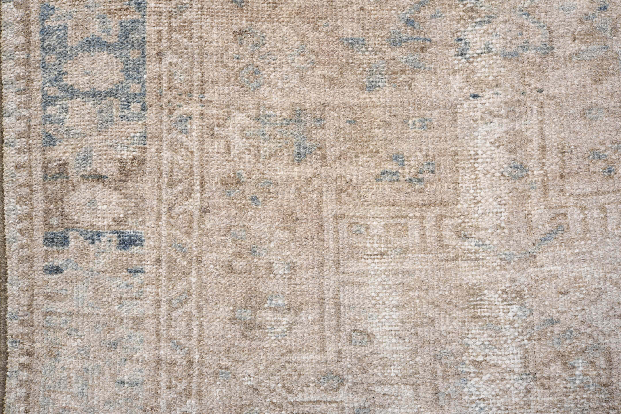 3' x 6' one-of-a-kind handmade vintage Karaje runner rug. Color palette: ivory, beige, taupe, slate, light blue, gray