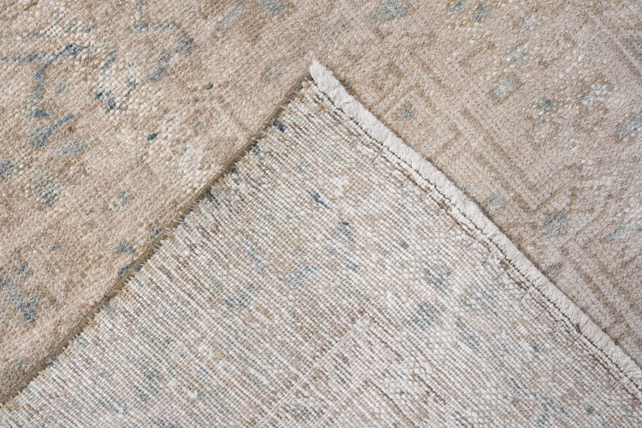 3' x 6' one-of-a-kind handmade vintage Karaje runner rug. Color palette: ivory, beige, taupe, slate, light blue, gray