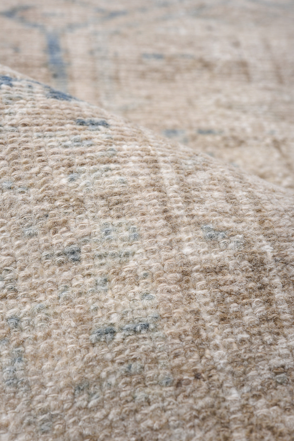 3' x 6' one-of-a-kind handmade vintage Karaje runner rug. Color palette: ivory, beige, taupe, slate, light blue, gray