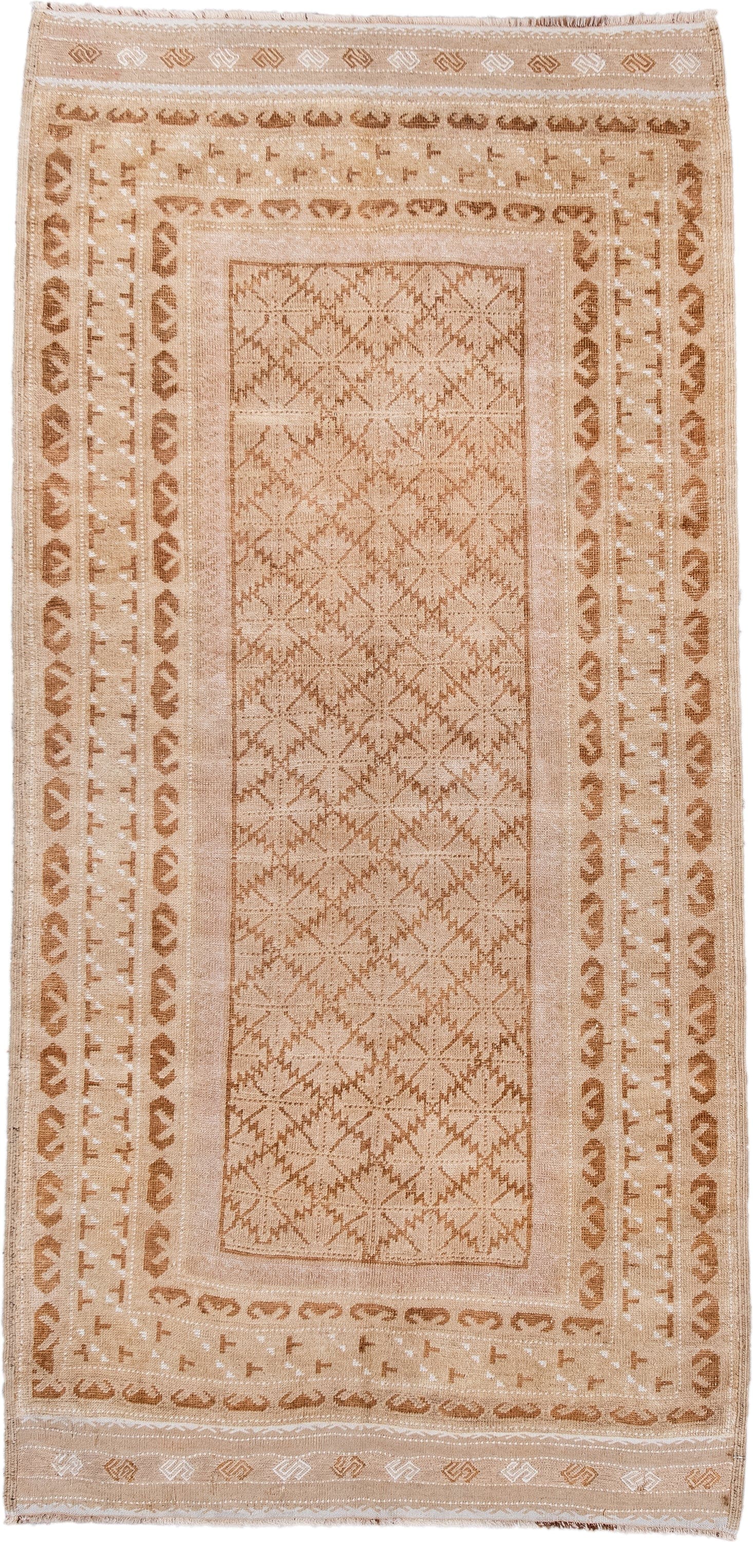 3' x 6' one-of-a-kind handmade vintage Belouch runner rug. Color palette: camel, beige, ivory, tan, taupe, gray