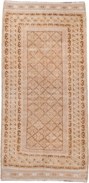 3' x 6' one-of-a-kind handmade vintage Belouch runner rug. Color palette: camel, beige, ivory, tan, taupe, gray