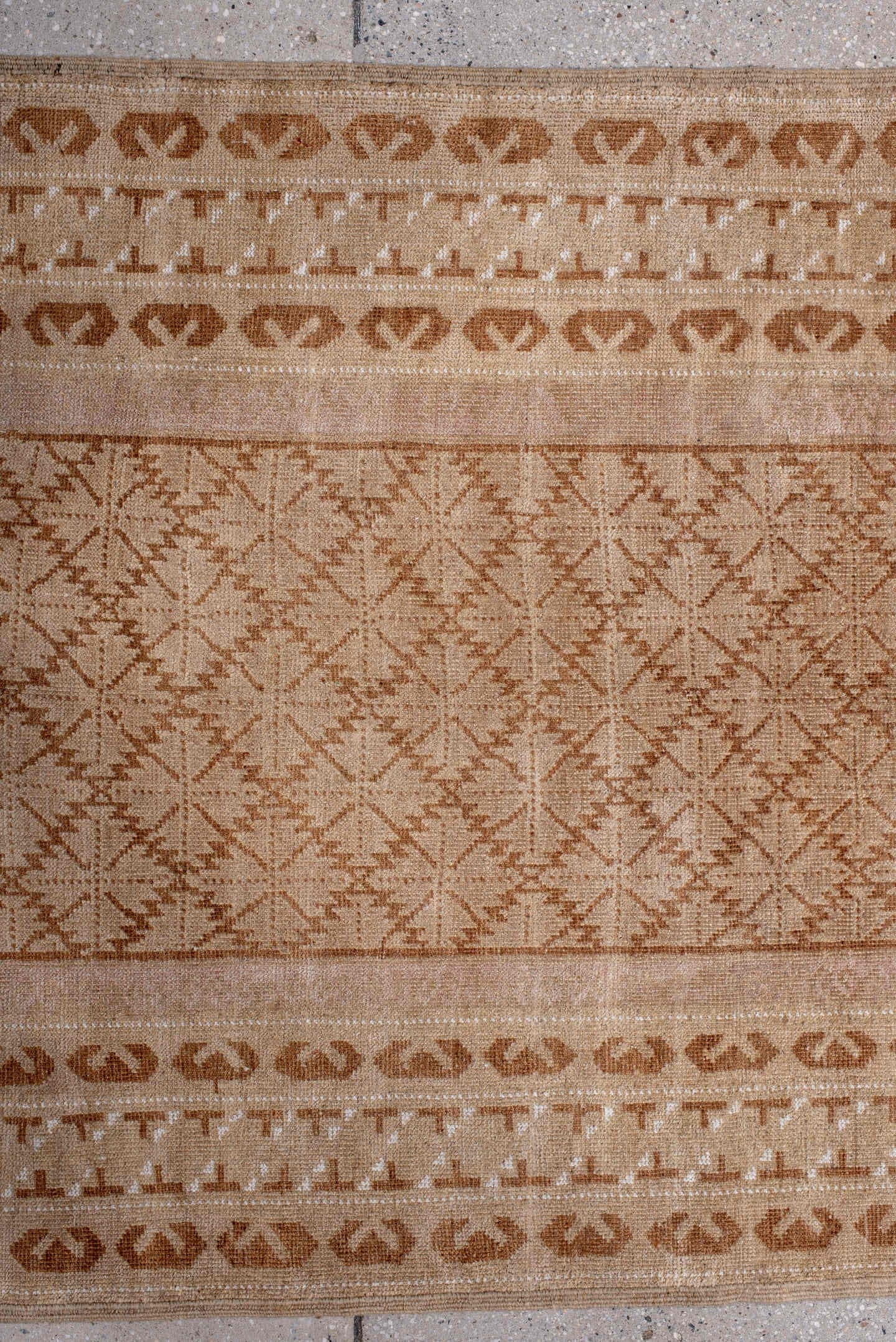 3' x 6' one-of-a-kind handmade vintage Belouch runner rug. Color palette: camel, beige, ivory, tan, taupe, gray
