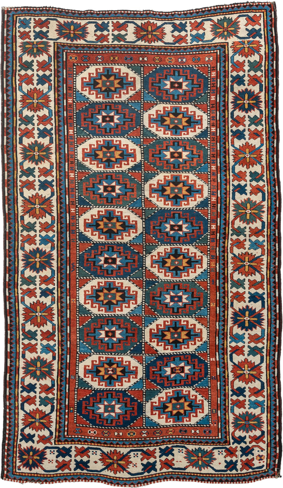 4' x 8' one-of-a-kind handmade vintage Kazak medium size rug. Color palette: teal, ivory, rust, navy, coral, charcoal, gold