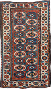 4' x 8' one-of-a-kind handmade vintage Kazak medium size rug. Color palette: teal, ivory, rust, navy, coral, charcoal, gold