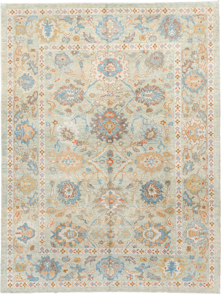 9' x 12' one-of-a-kind handmade vintage Sultanabad large size rug. Color palette: ivory, sky blue, taupe, terracotta, camel