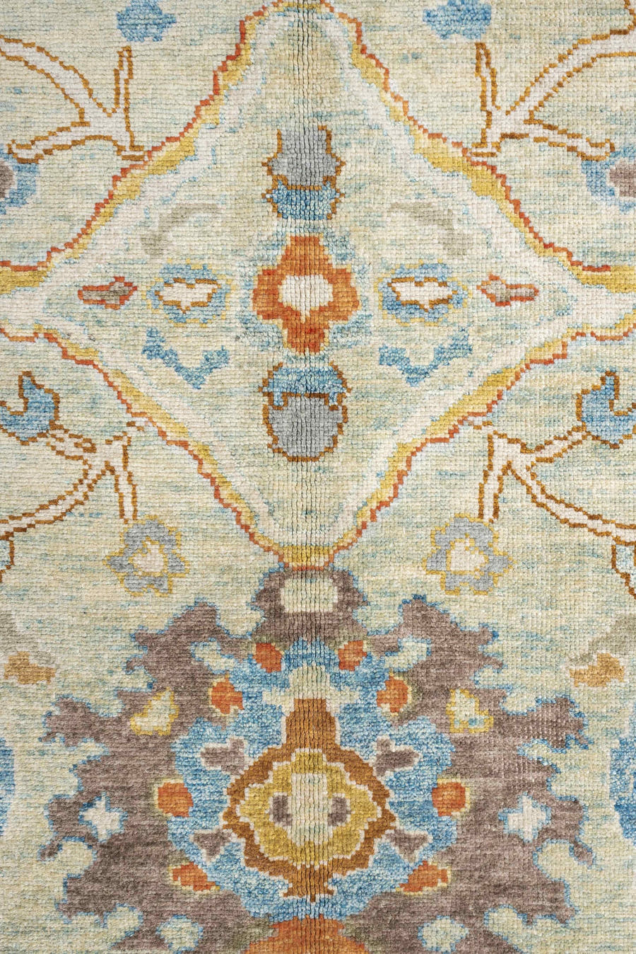 9' x 12' one-of-a-kind handmade vintage Sultanabad large size rug. Color palette: ivory, sky blue, taupe, terracotta, camel