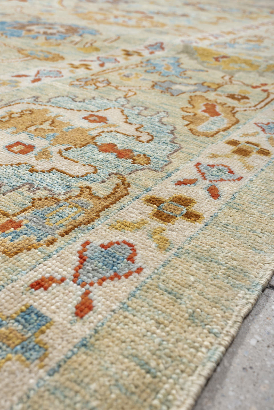 9' x 12' one-of-a-kind handmade vintage Sultanabad large size rug. Color palette: ivory, sky blue, taupe, terracotta, camel
