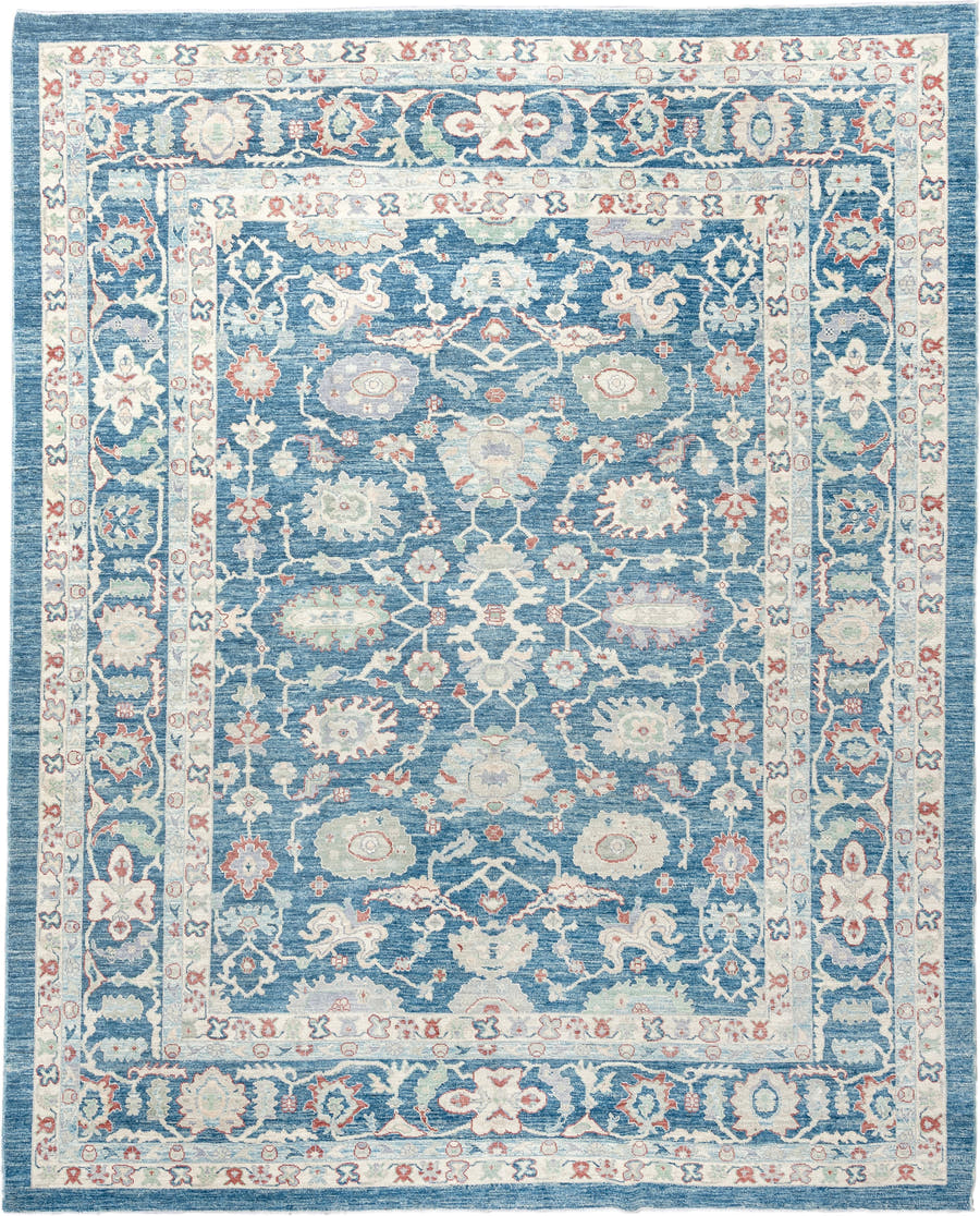 8' x 10' one-of-a-kind handmade vintage Sultanabad large size rug. Color palette: blue, ivory, pale aqua, terracotta, sage