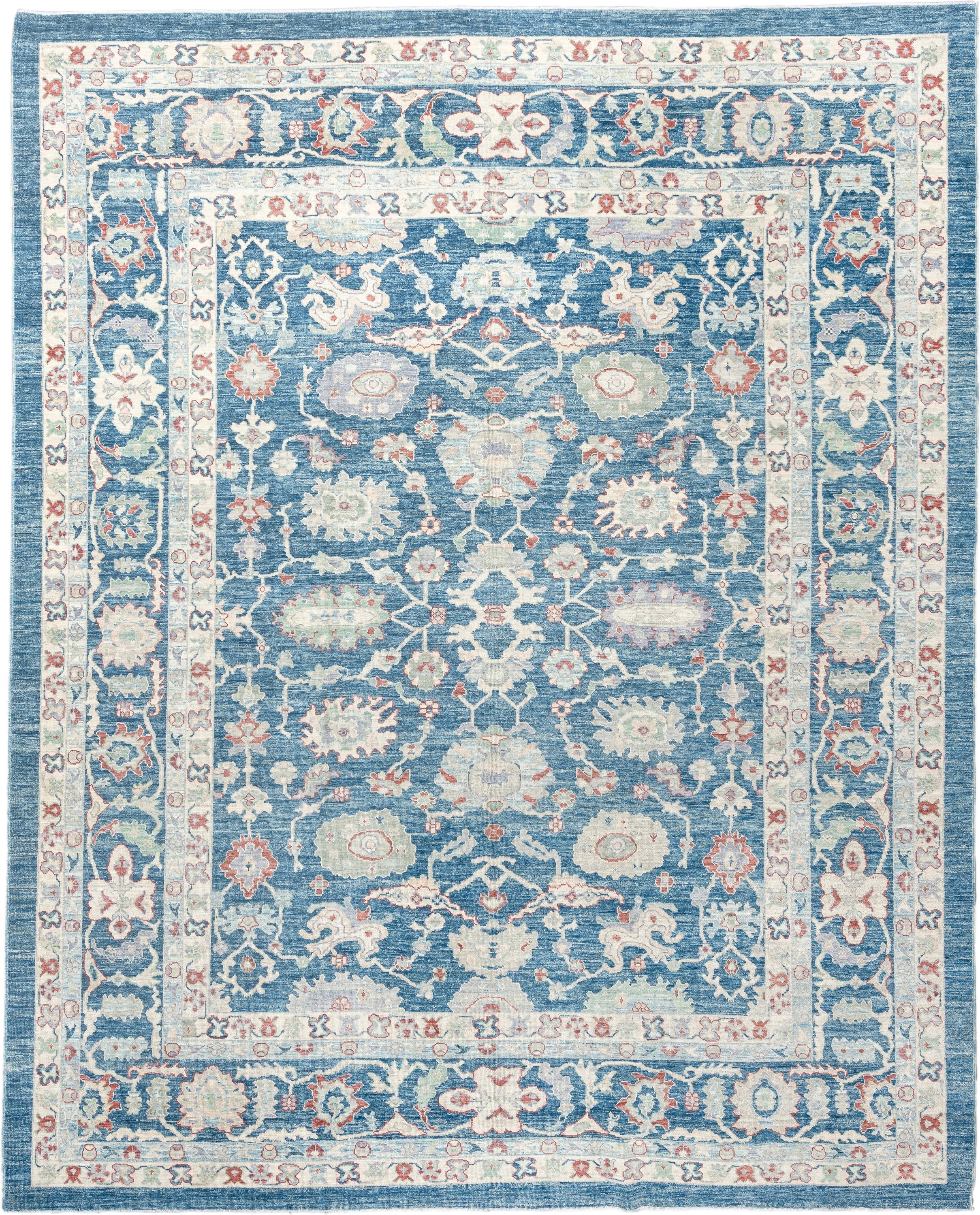8' x 10' one-of-a-kind handmade vintage Sultanabad large size rug. Color palette: blue, ivory, pale aqua, terracotta, sage