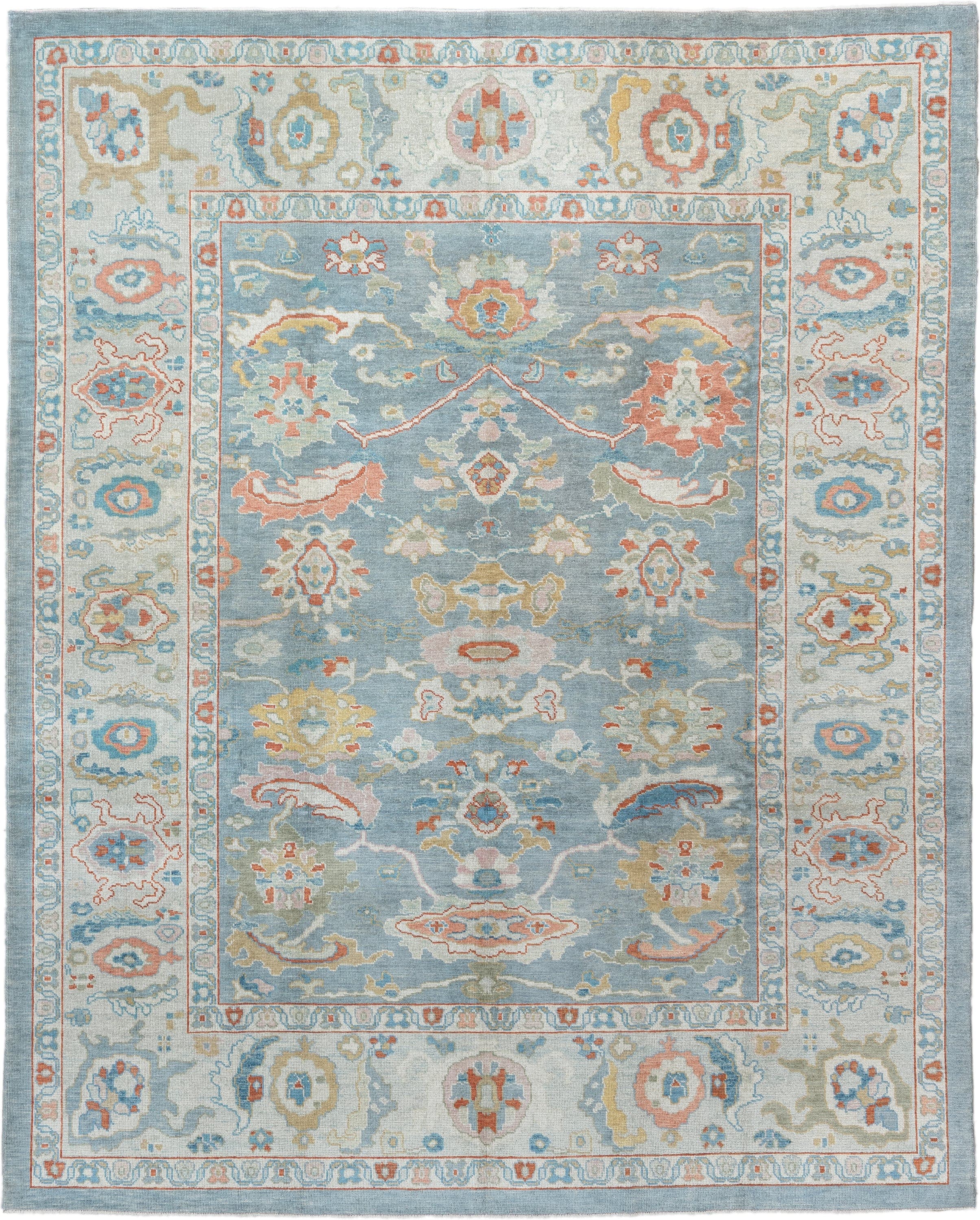 8' x 10' one-of-a-kind handmade vintage Sultanabad large size rug. Color palette: sky blue, ivory, coral, sage, gold, taupe