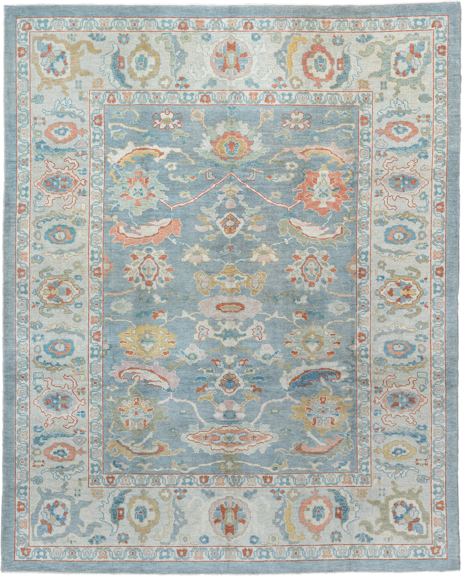 8' x 10' one-of-a-kind handmade vintage Sultanabad large size rug. Color palette: sky blue, ivory, coral, sage, gold, taupe