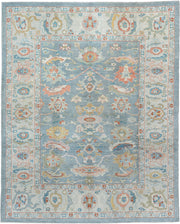 8' x 10' one-of-a-kind handmade vintage Sultanabad large size rug. Color palette: sky blue, ivory, coral, sage, gold, taupe