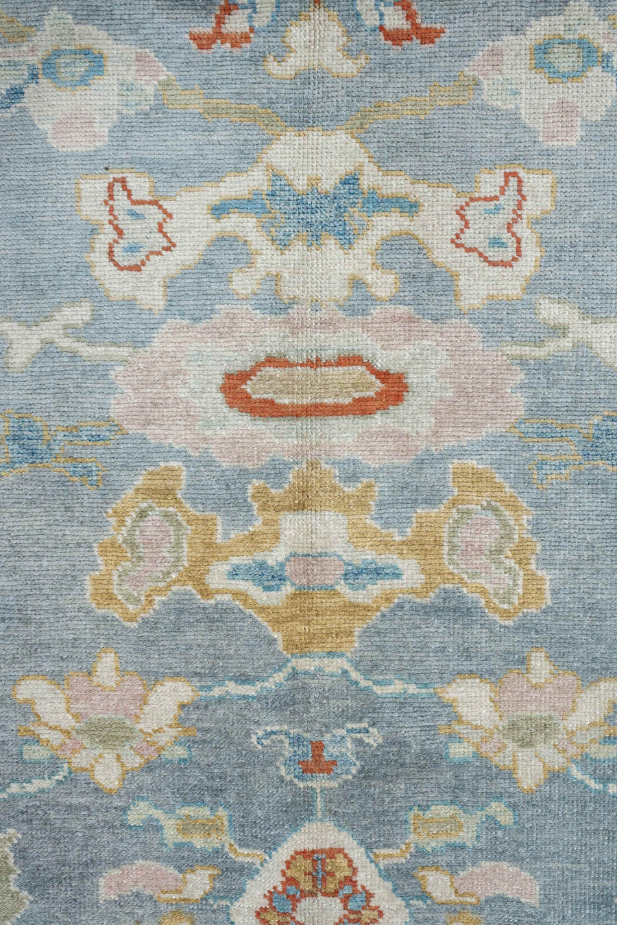 8' x 10' one-of-a-kind handmade vintage Sultanabad large size rug. Color palette: sky blue, ivory, coral, sage, gold, taupe