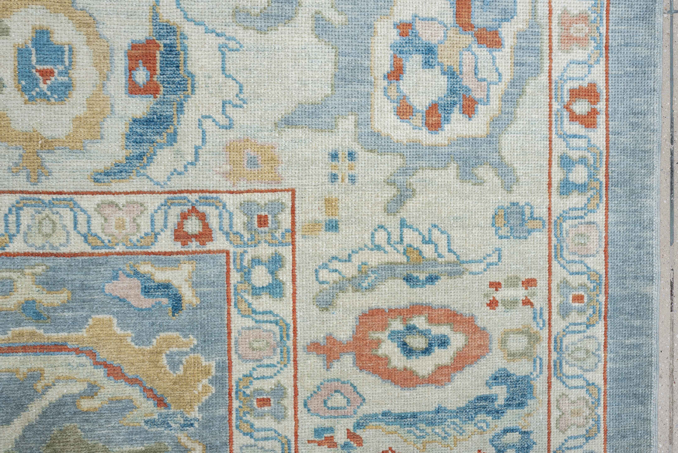 8' x 10' one-of-a-kind handmade vintage Sultanabad large size rug. Color palette: sky blue, ivory, coral, sage, gold, taupe