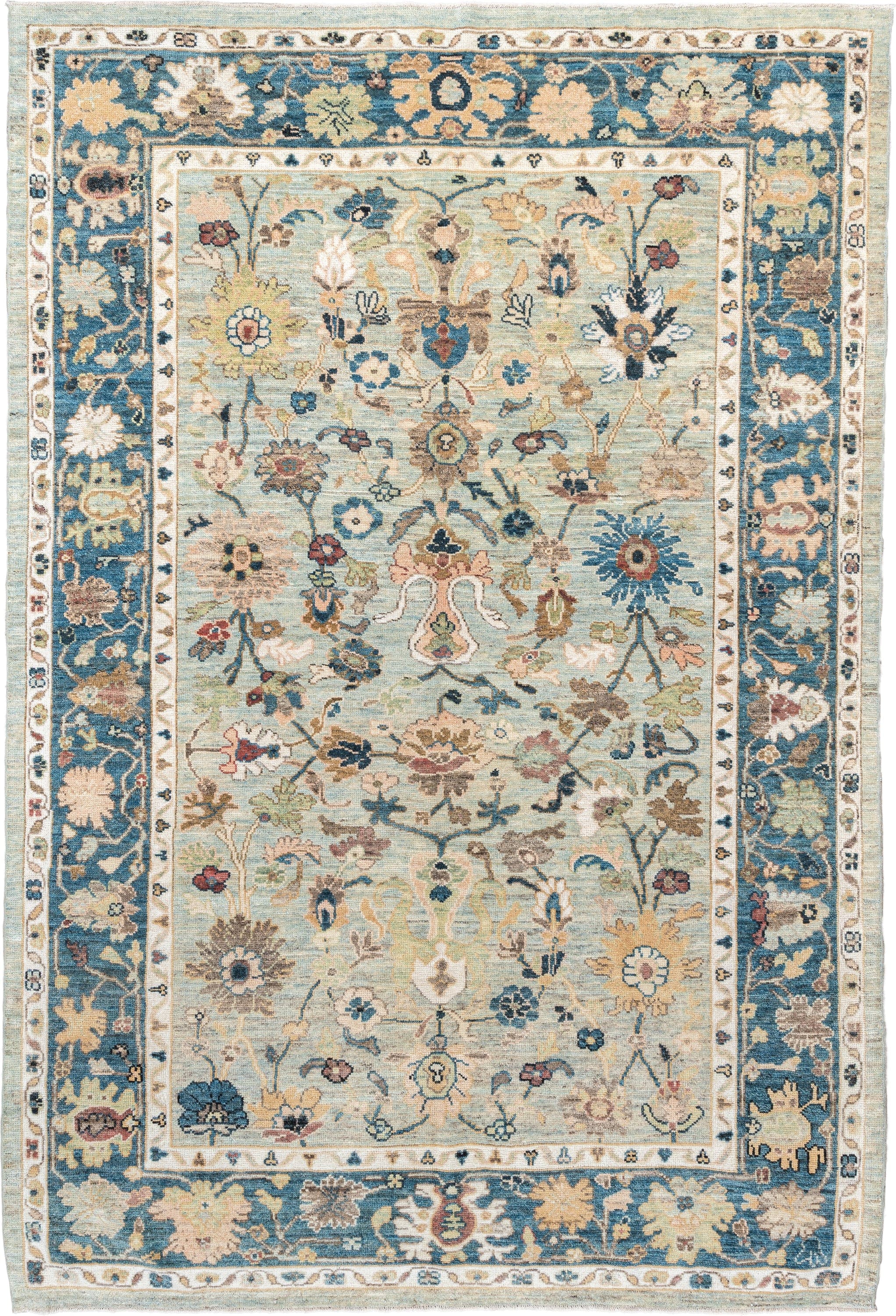 6' x 9' one-of-a-kind handmade vintage Sultanabad large size rug. Color palette: light blue, navy, ivory, taupe, beige, sage